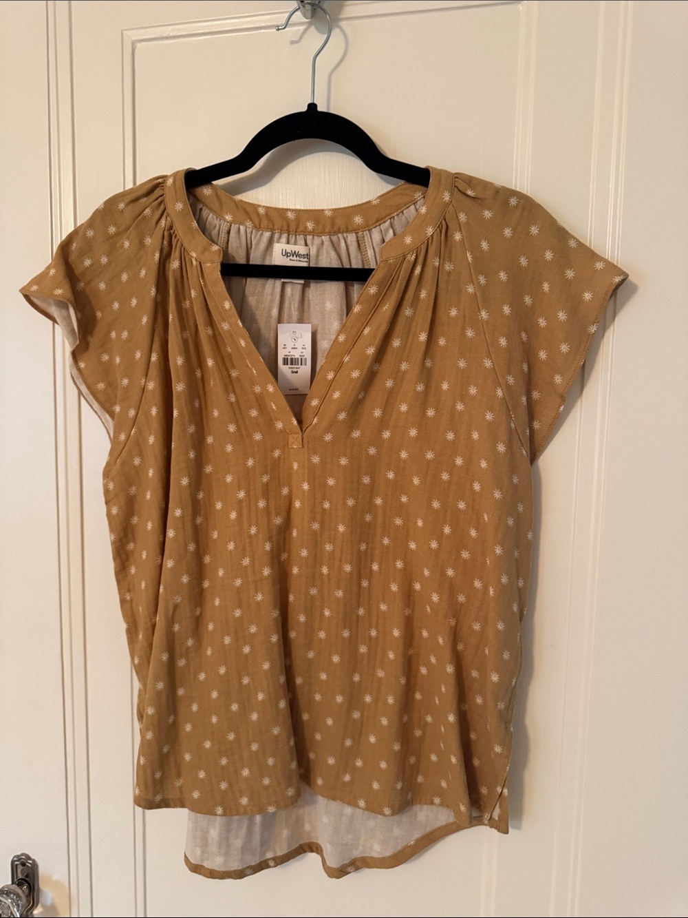 UpWest Mustard Short Sleeve V-Neck Blouse with White Floral Print